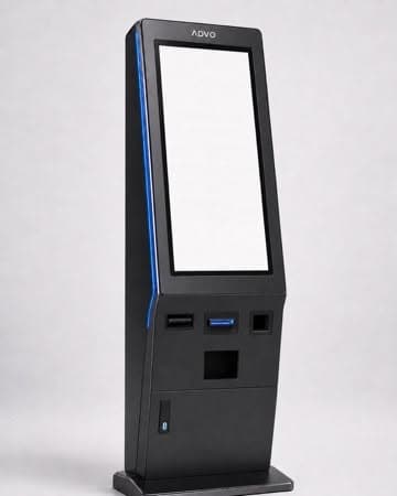 The AdvoPark parking kiosk — a black tower with a touchscreen panel, shown from a low angle.