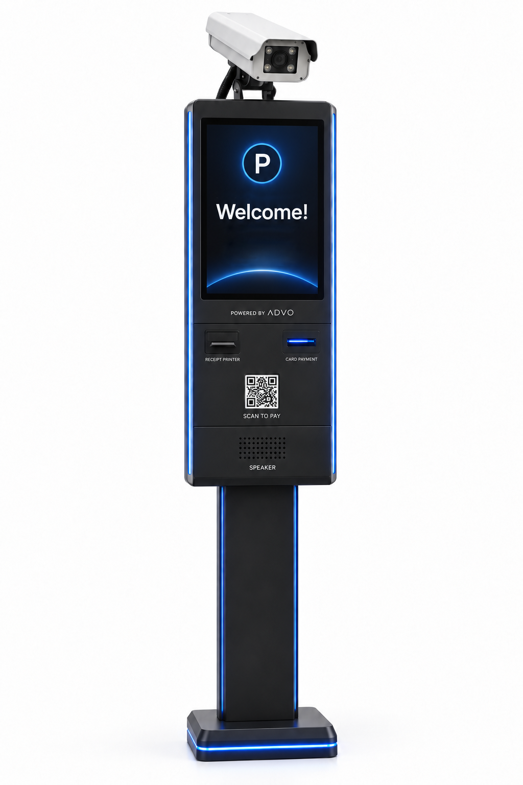 The Advo parking kiosk: a black tower with a camera on top, a welcome screen, a receipt printer, a card reader, a scan-to-pay code and a speaker.